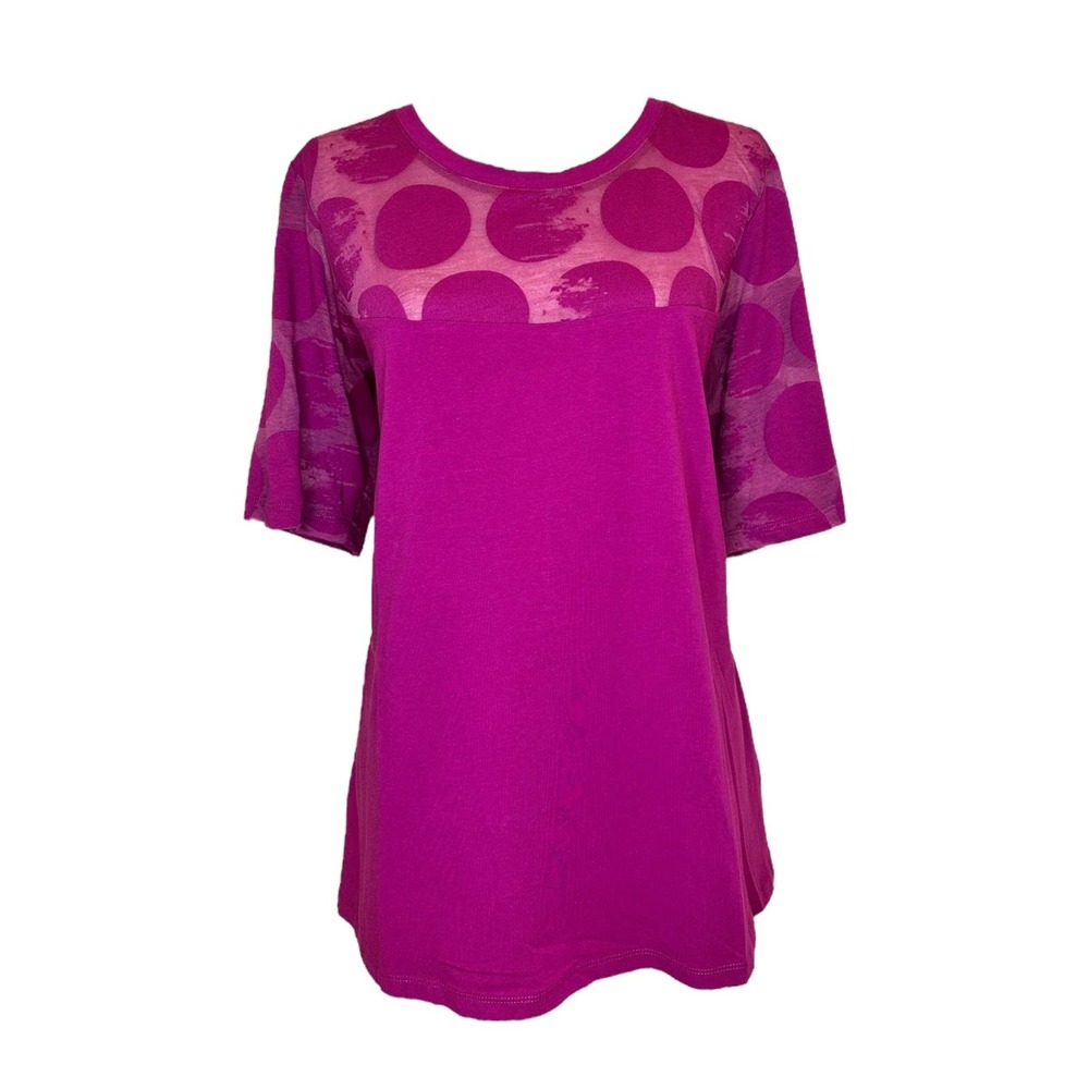 LUUKAA Women's Scoop Neck Tunic Top Size 10 Fuchsia Polka Dot Short Sleeve NWT